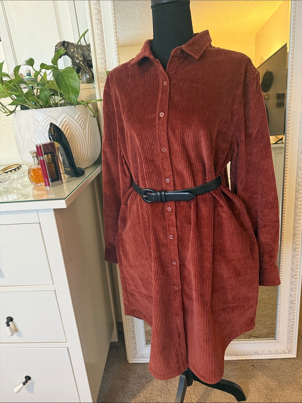 Wildfang rust brown corduroy shirt dress
